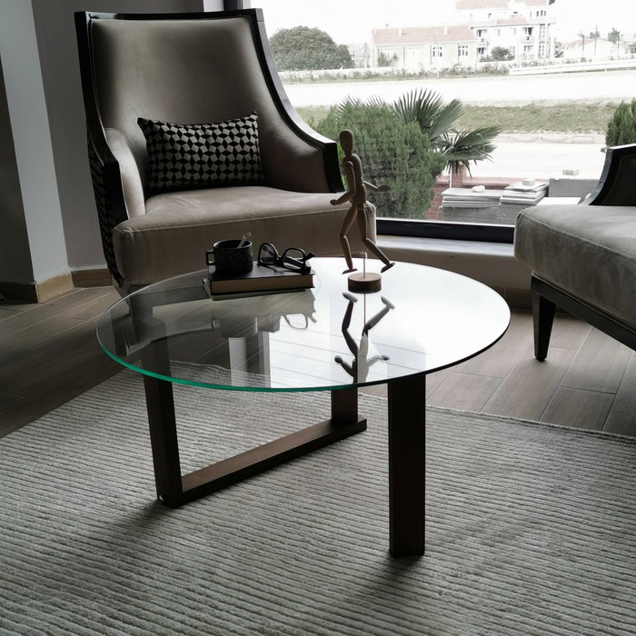 Hanah Home Mesa de Centro Redonda de Madera Maciza y Cristal Templado Nogal Hanah Home Mesa de Centro Redonda de Madera Maciza y Cristal Templado Nogal